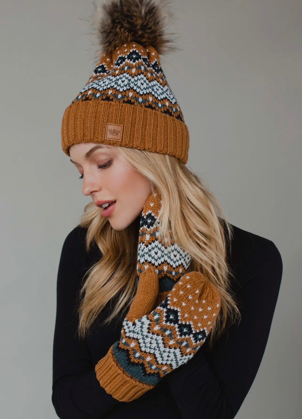 Camel Knit Hat with Faux Fur Pom