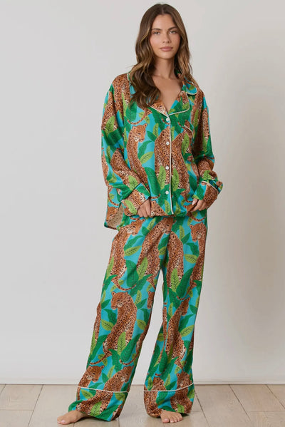 Silky Satin Cheetah Print Long Sleeve Pajama Set