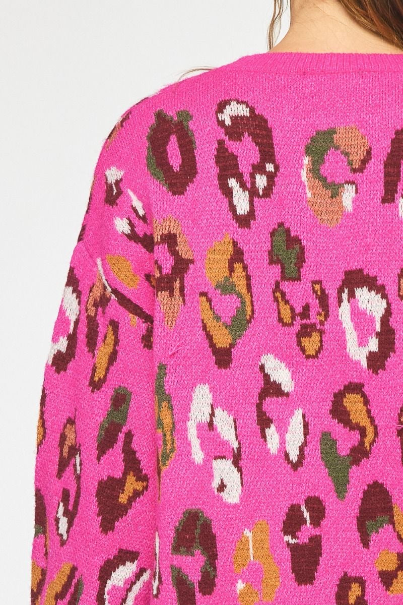 Mila Multi Color Leopard Print Long Sleeve Knit Sweater - Pink Large Mila Multi Color Leopard Print Long Sleeve Knit Sweater - Pink Large