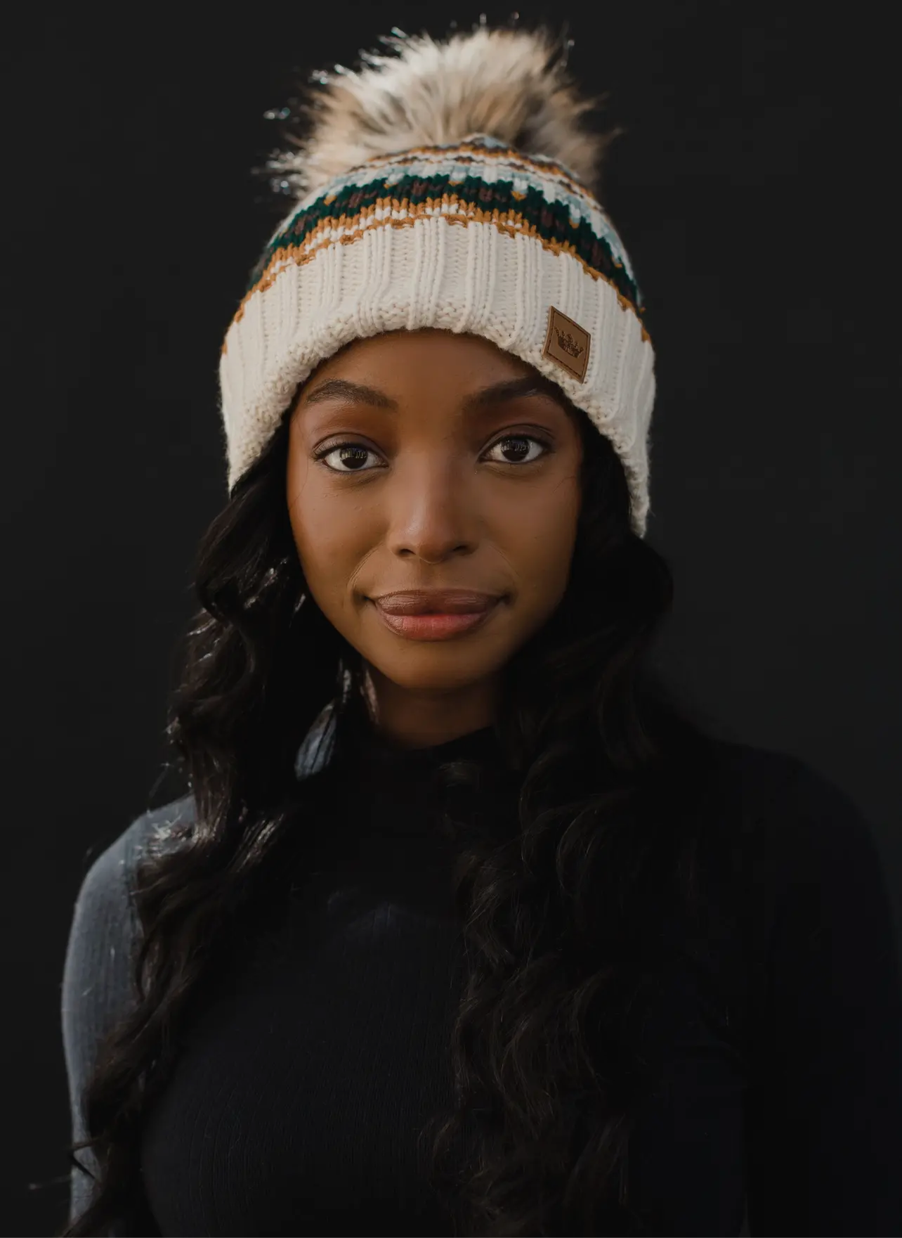 Patterned Knit Hat with Faux Fur pom