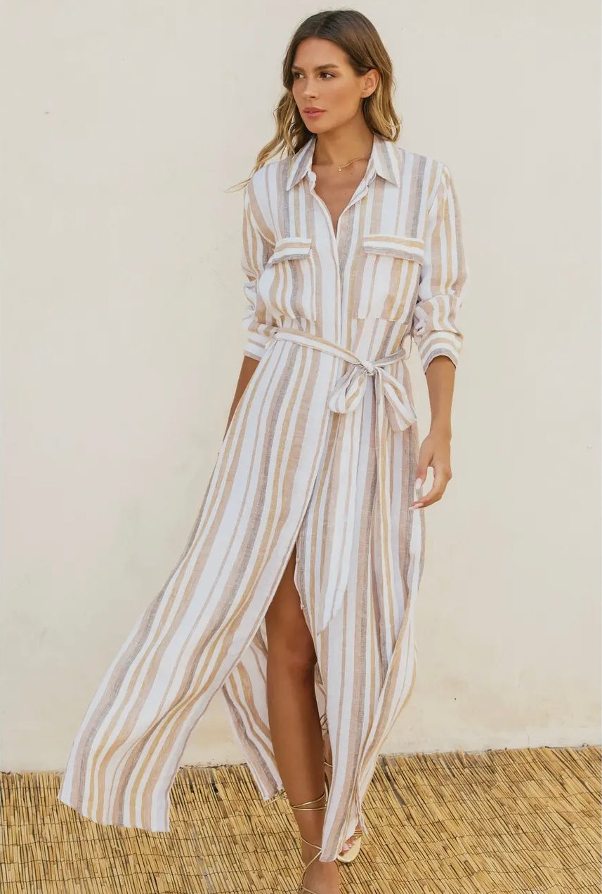 Striped Belted Maxi Shirt Dress Striped Belted Maxi Shirt Dress