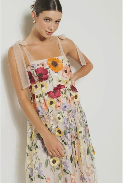 Floral Appliqué Tulle Midi Dress