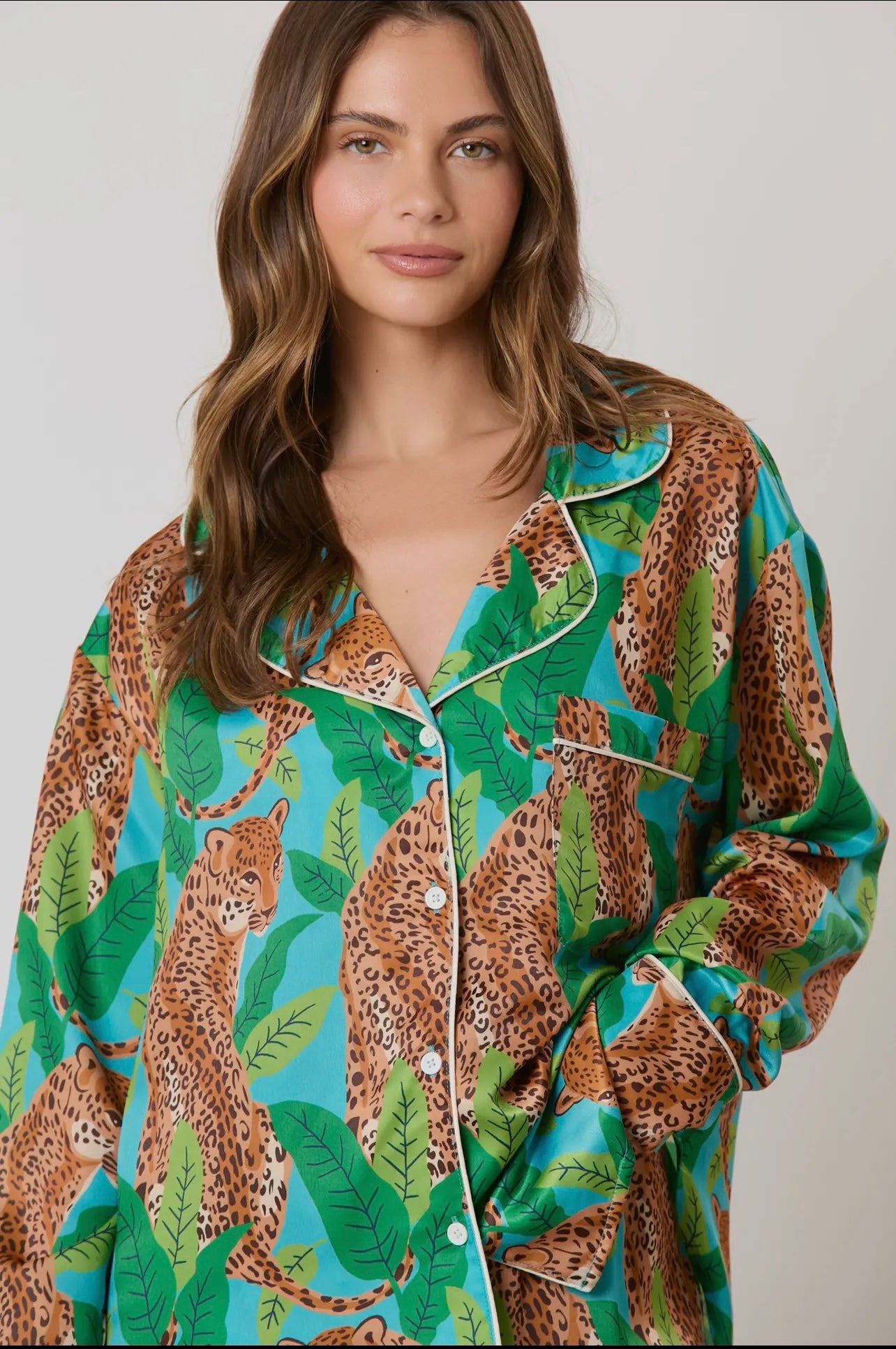 Silky Satin Cheetah Print Long Sleeve Pajama Set