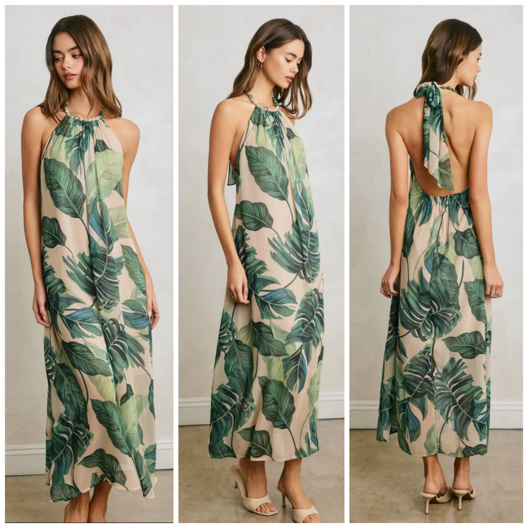 Hidden Oasis Beaded Halter Maxi Dress Small