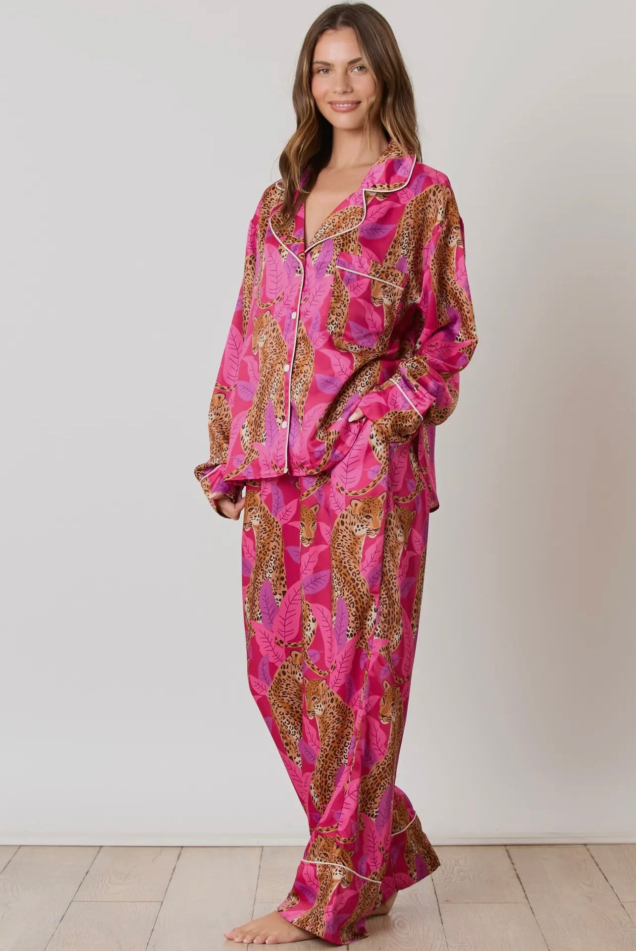 Silky Satin Cheetah Print Long Sleeve Pajama Set