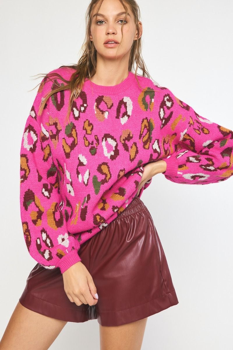 Mila Multi Color Leopard Print Long Sleeve Knit Sweater - Pink Large Mila Multi Color Leopard Print Long Sleeve Knit Sweater - Pink Large