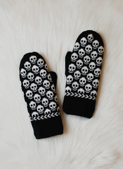 Black Skull Pattern Knit Mittens