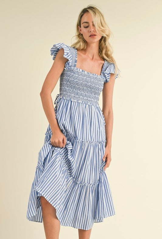 Adeline Striped Smocked Tiered Midi Dress