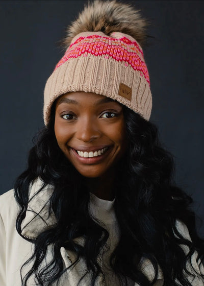 Diamond Pattern Knit Hat with Faux Fur Pom