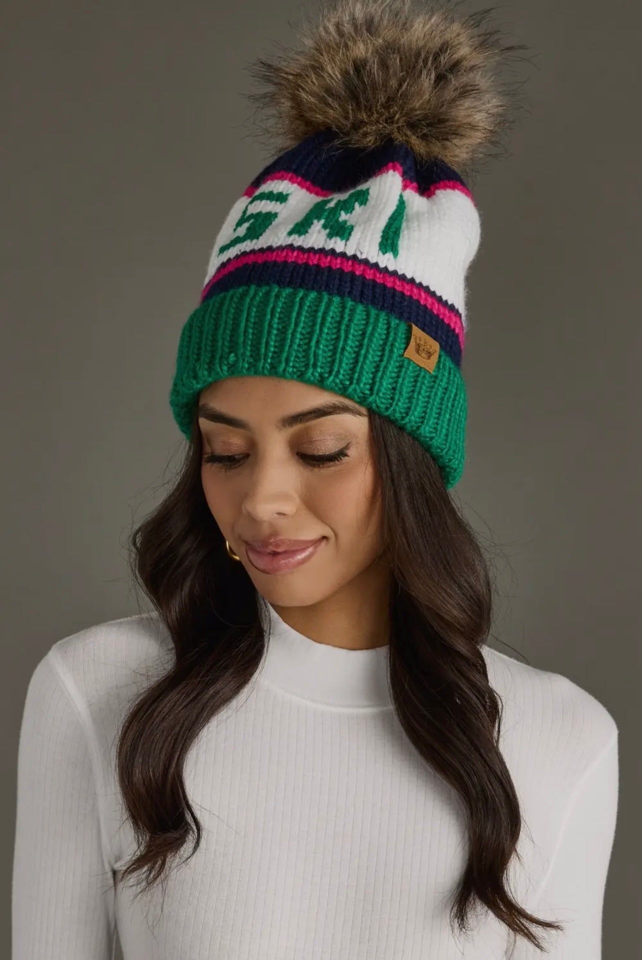 “SKI” Knit Hat with Faux Fur Pom