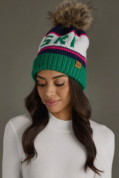 “SKI” Knit Hat with Faux Fur Pom