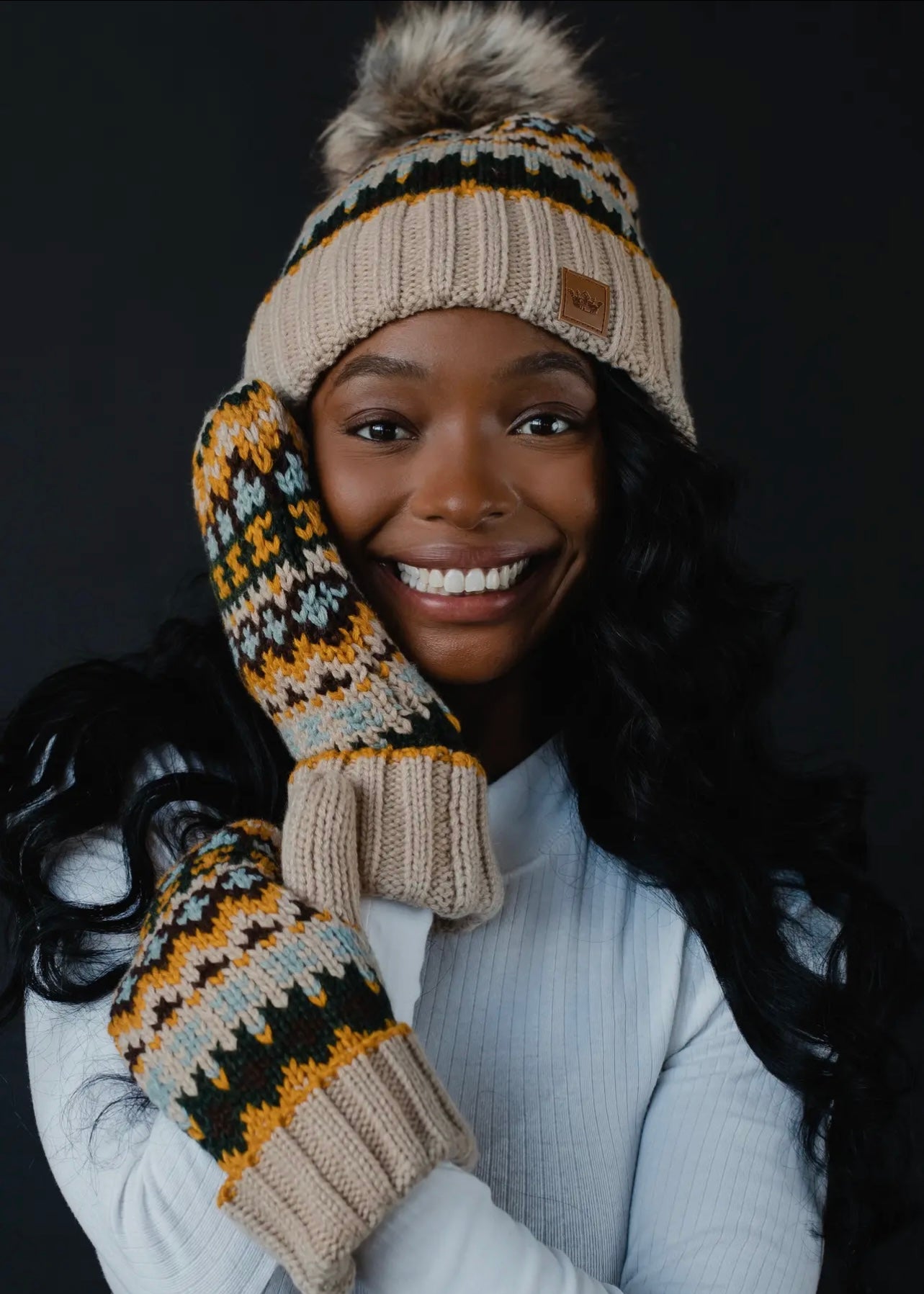 Patterned Knit Hat with Faux Fur pom