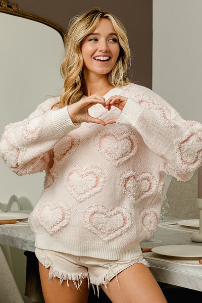 Textured Heart Pattern Knit Sweater