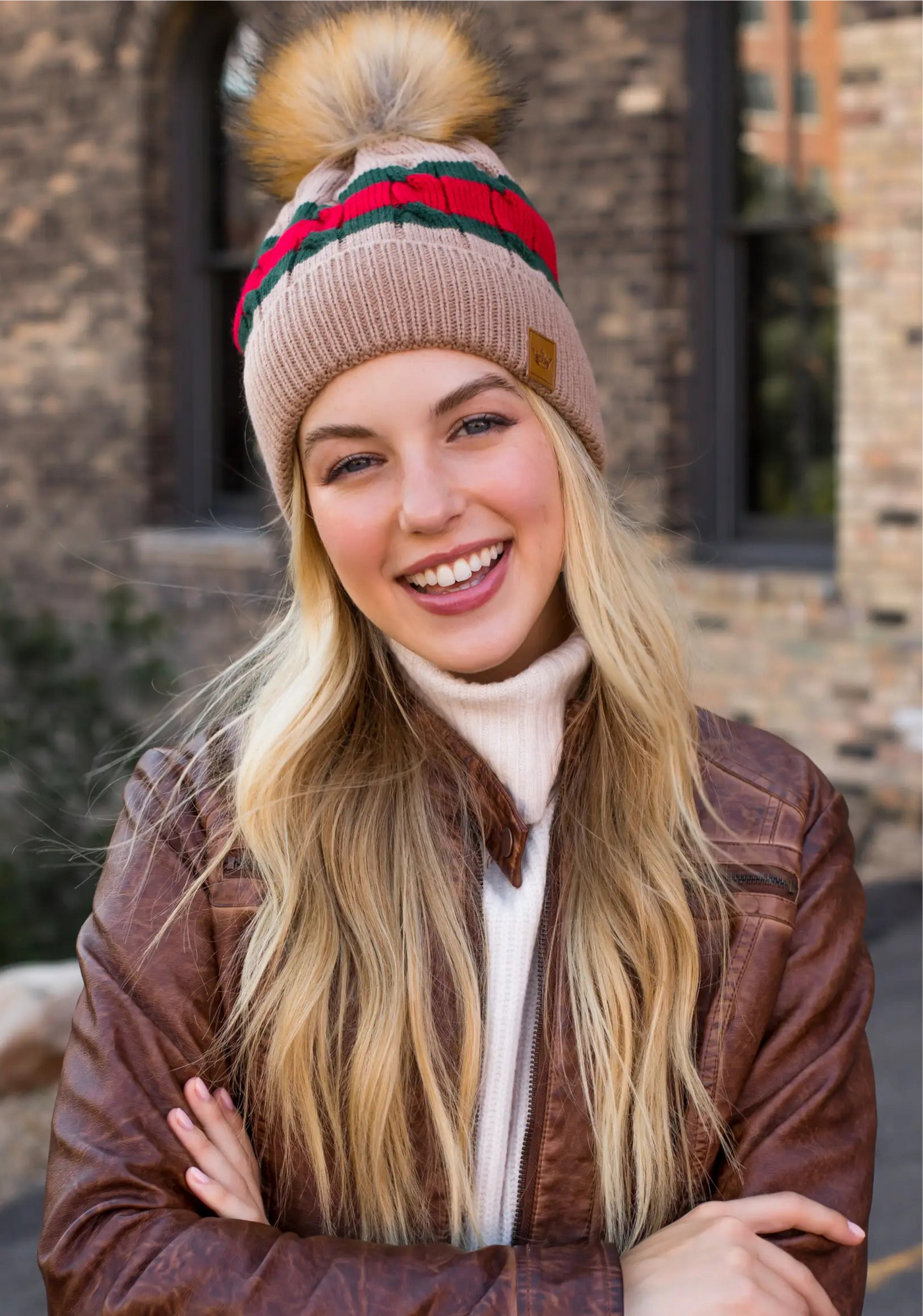 Stripe Knit Hat with Faux Fur Pom