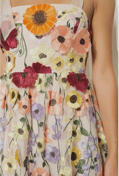 Floral Appliqué Tulle Midi Dress