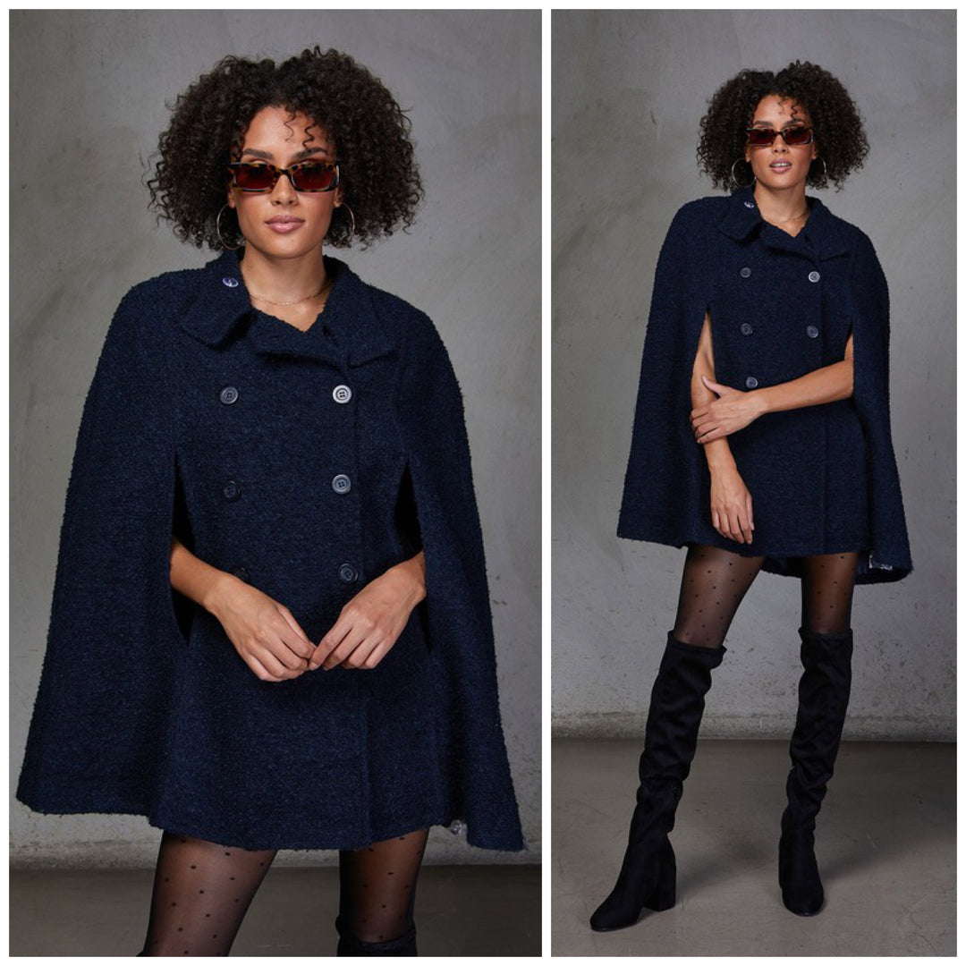 Buy Navy Bouclé Double Breasted Cape – Style Trolley