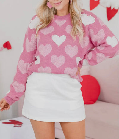 Pearl Detail Heart Pattern Knit Sweater