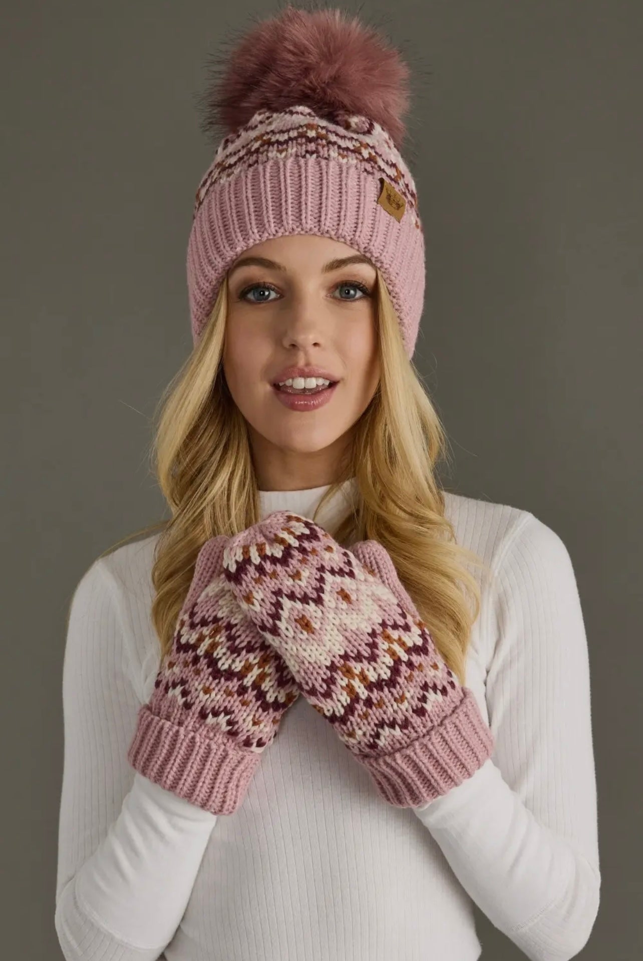 Pink, Ivory & Rust Patterned Pom Hat