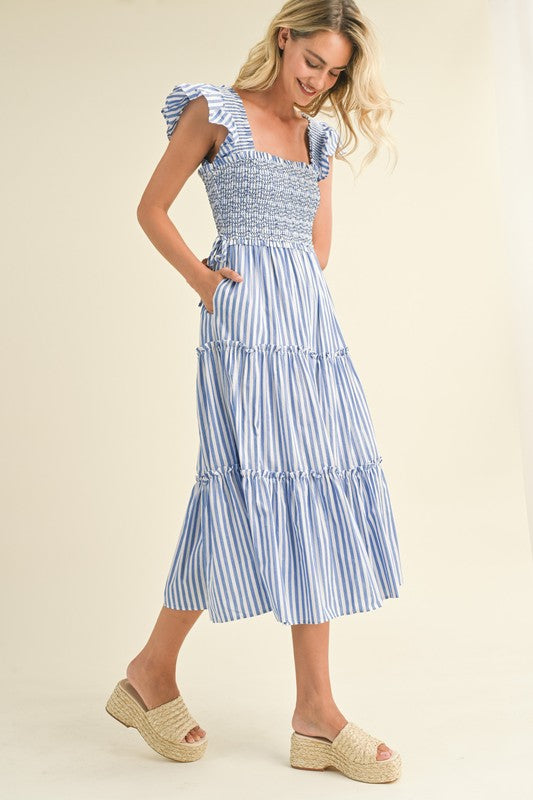 Adeline Striped Smocked Tiered Midi Dress