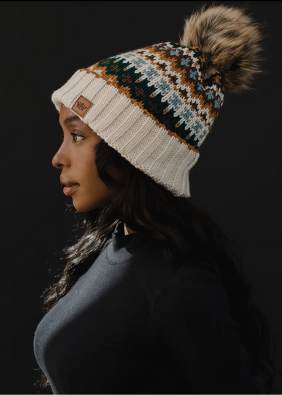 Patterned Knit Hat with Faux Fur pom