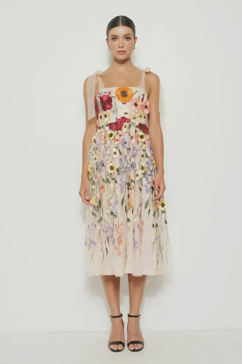 Floral Appliqué Tulle Midi Dress