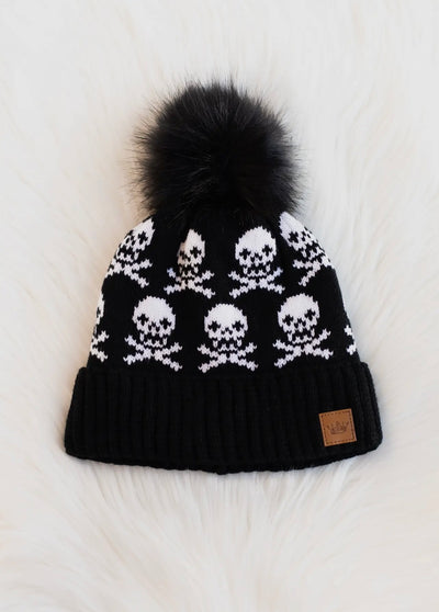 Black Skull Pattern Knit Hat with Faux Fur Pom