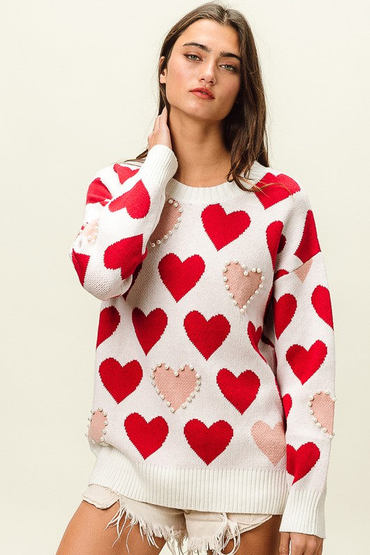 Heart Pattern Pearl Detail Knit Sweater - Main Image