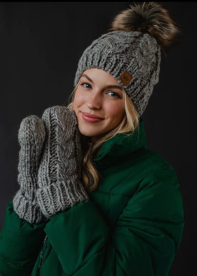 Gray Cable Knit Pom Hat