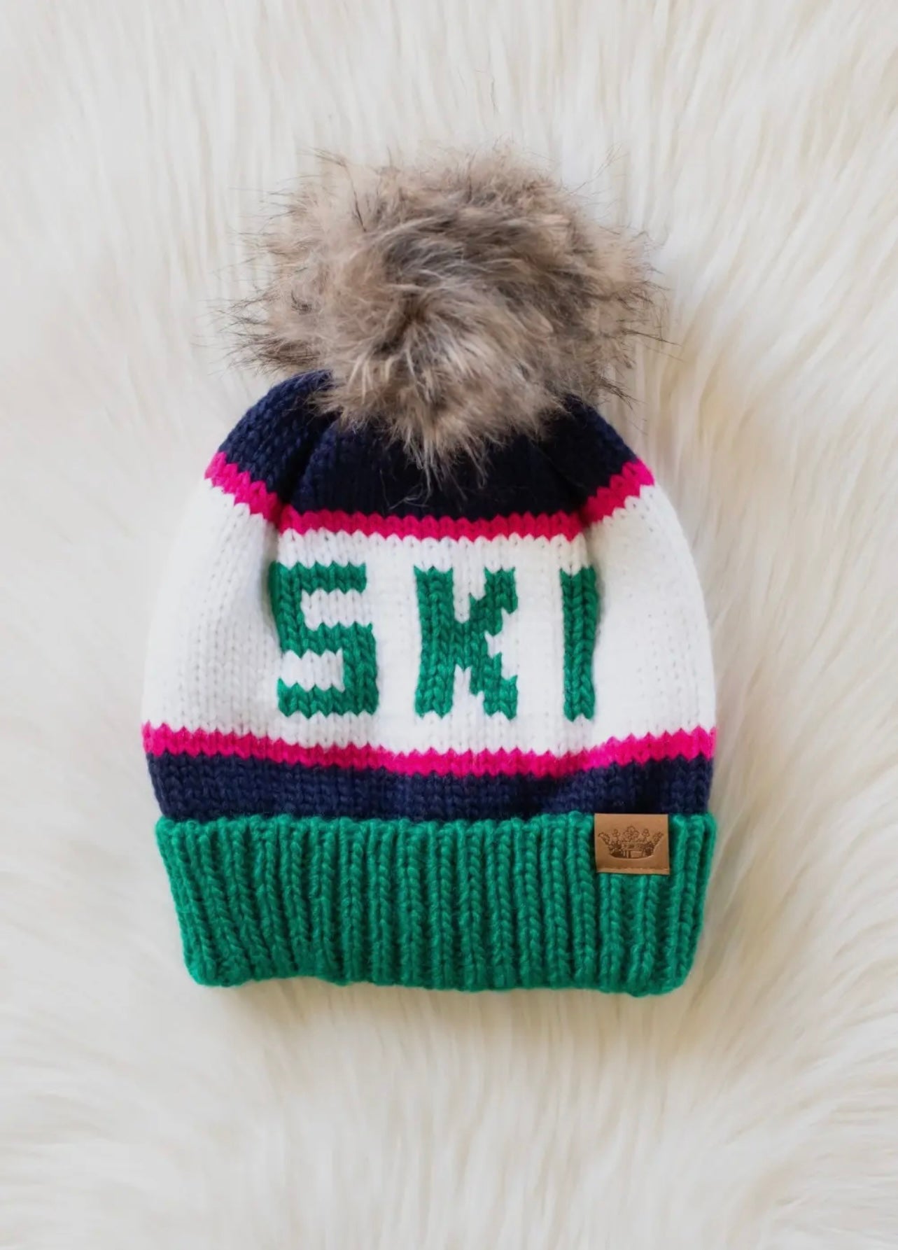 “SKI” Knit Hat with Faux Fur Pom