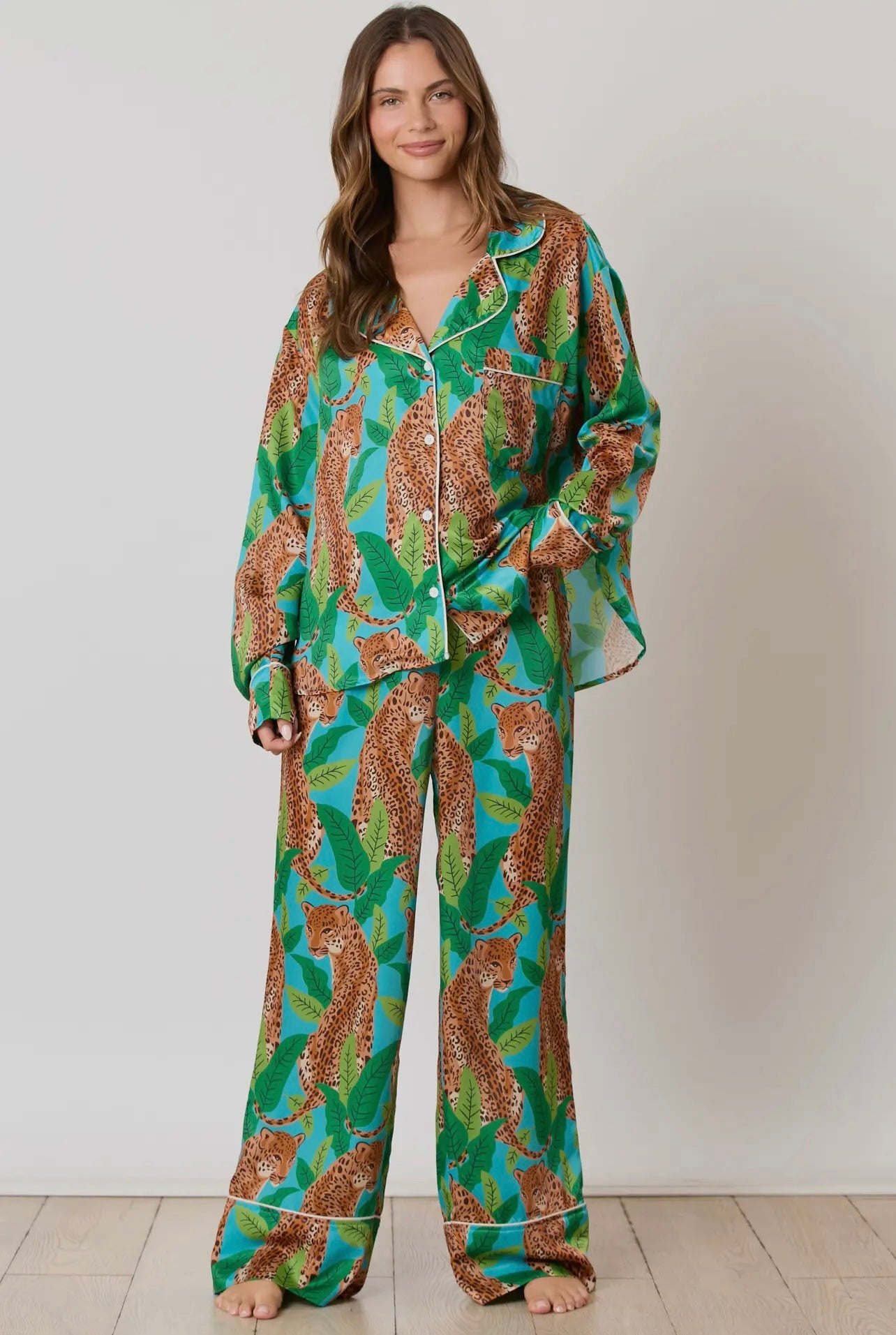 Silky Satin Cheetah Print Long Sleeve Pajama Set