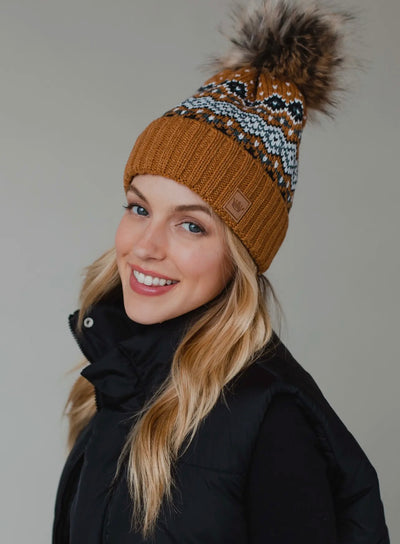 Camel Knit Hat with Faux Fur Pom