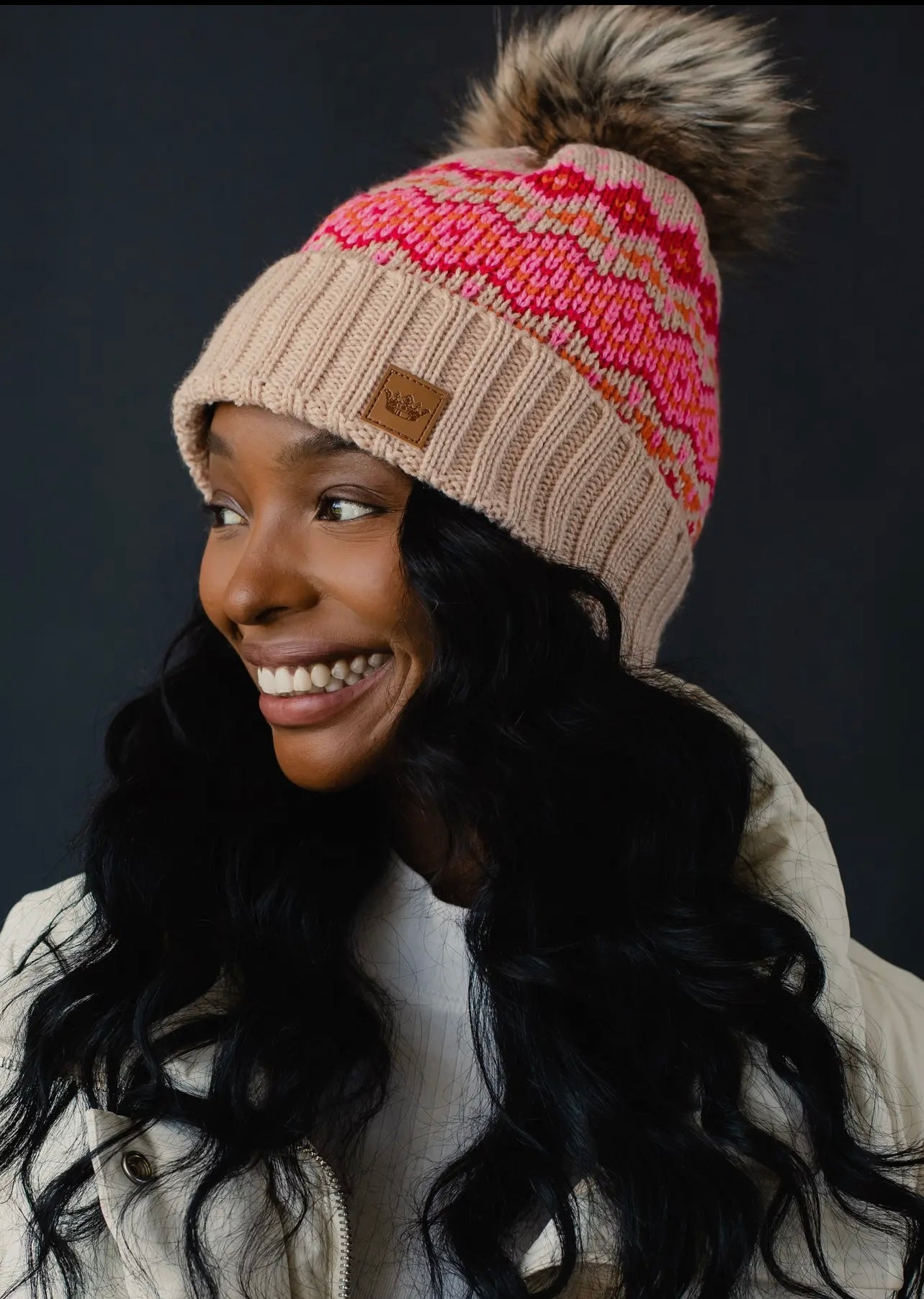 Diamond Pattern Knit Hat with Faux Fur Pom