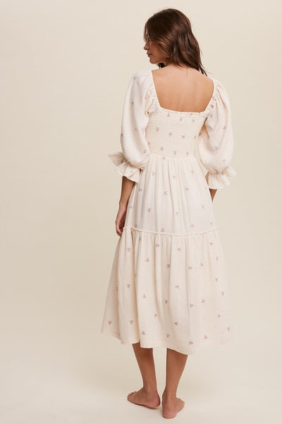 Ditzy Floral Embroidery Puff Sleeve Boho Maxi Dress