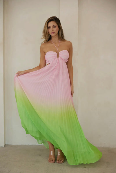 Allegra Ombré Sweetheart Pleated Halter Maxi Dress