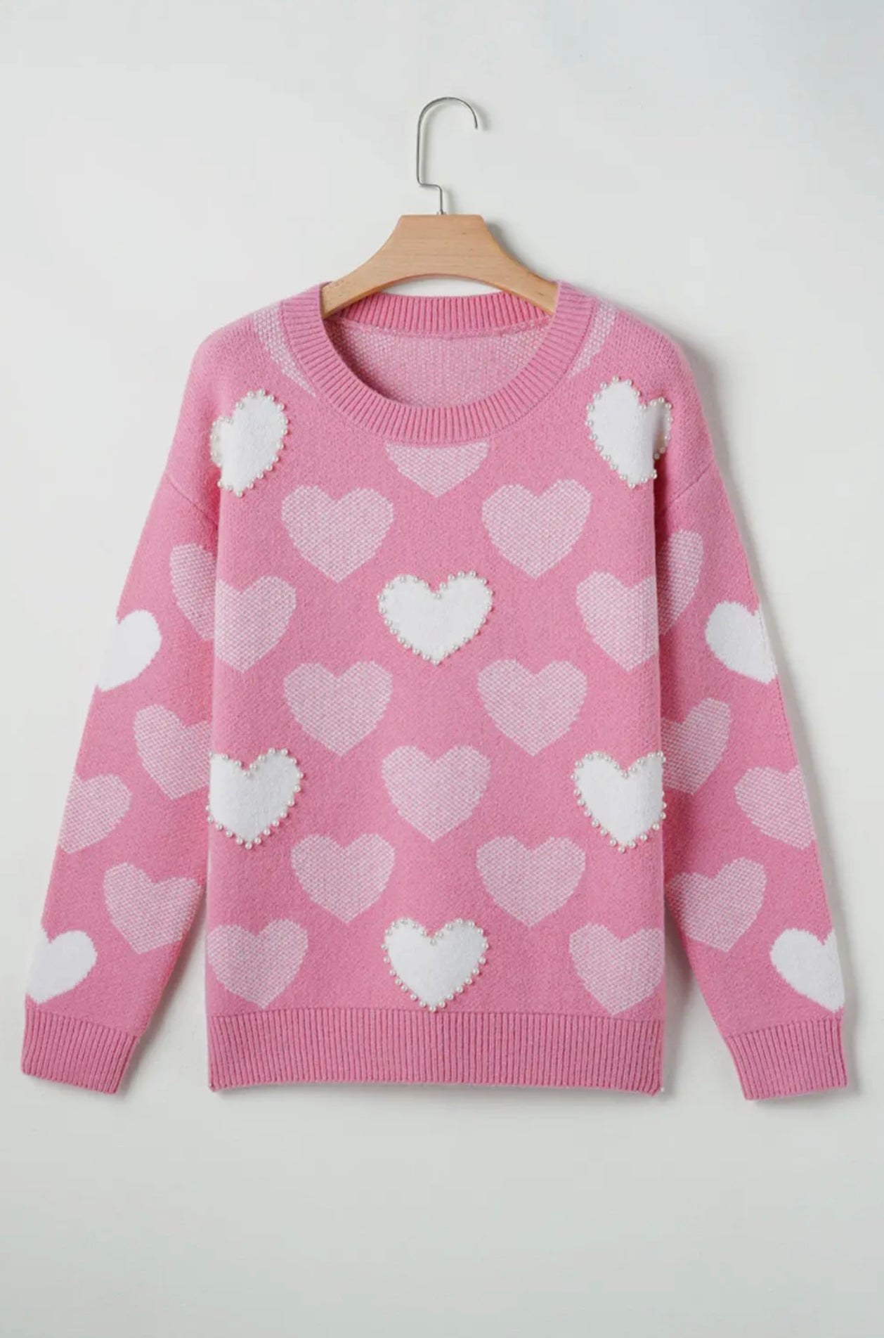 Pearl Detail Heart Pattern Knit Sweater