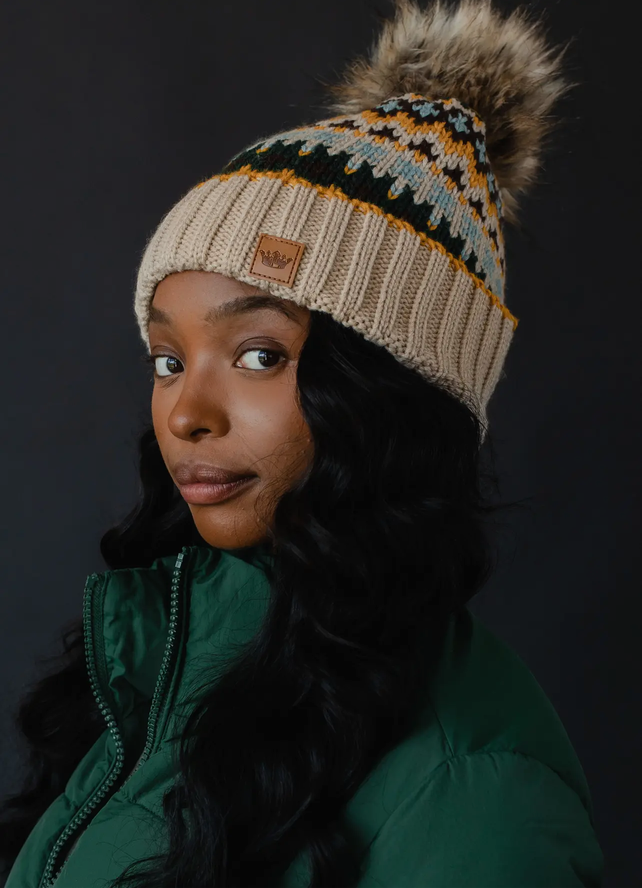 Patterned Knit Hat with Faux Fur pom