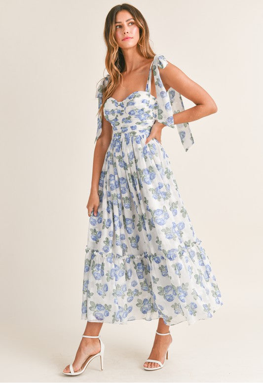Marlowe Floral Ruched Midi Dress With Shoulder Ties