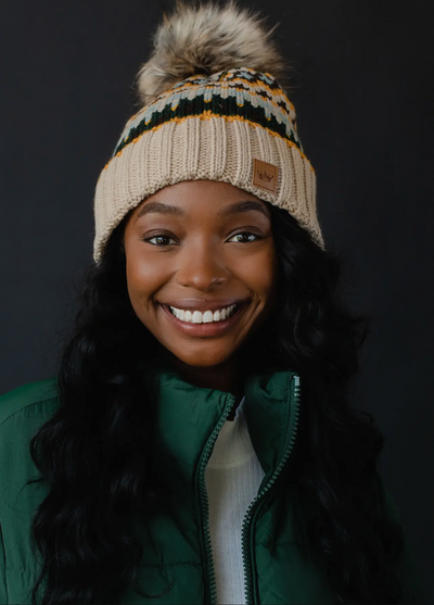 Patterned Knit Hat with Faux Fur pom