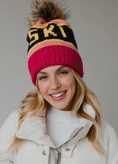 “SKI” Knit Hat with Faux Fur Pom