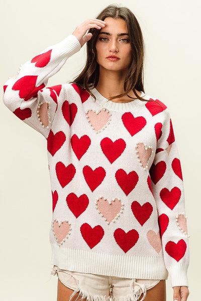 Heart Pattern Pearl Detail Knit Sweater