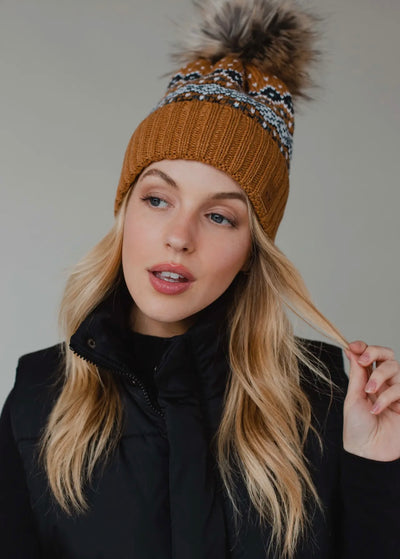 Camel Knit Hat with Faux Fur Pom