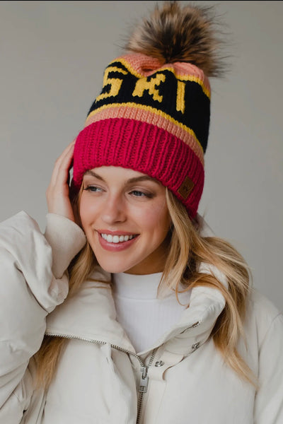 “SKI” Knit Hat with Faux Fur Pom