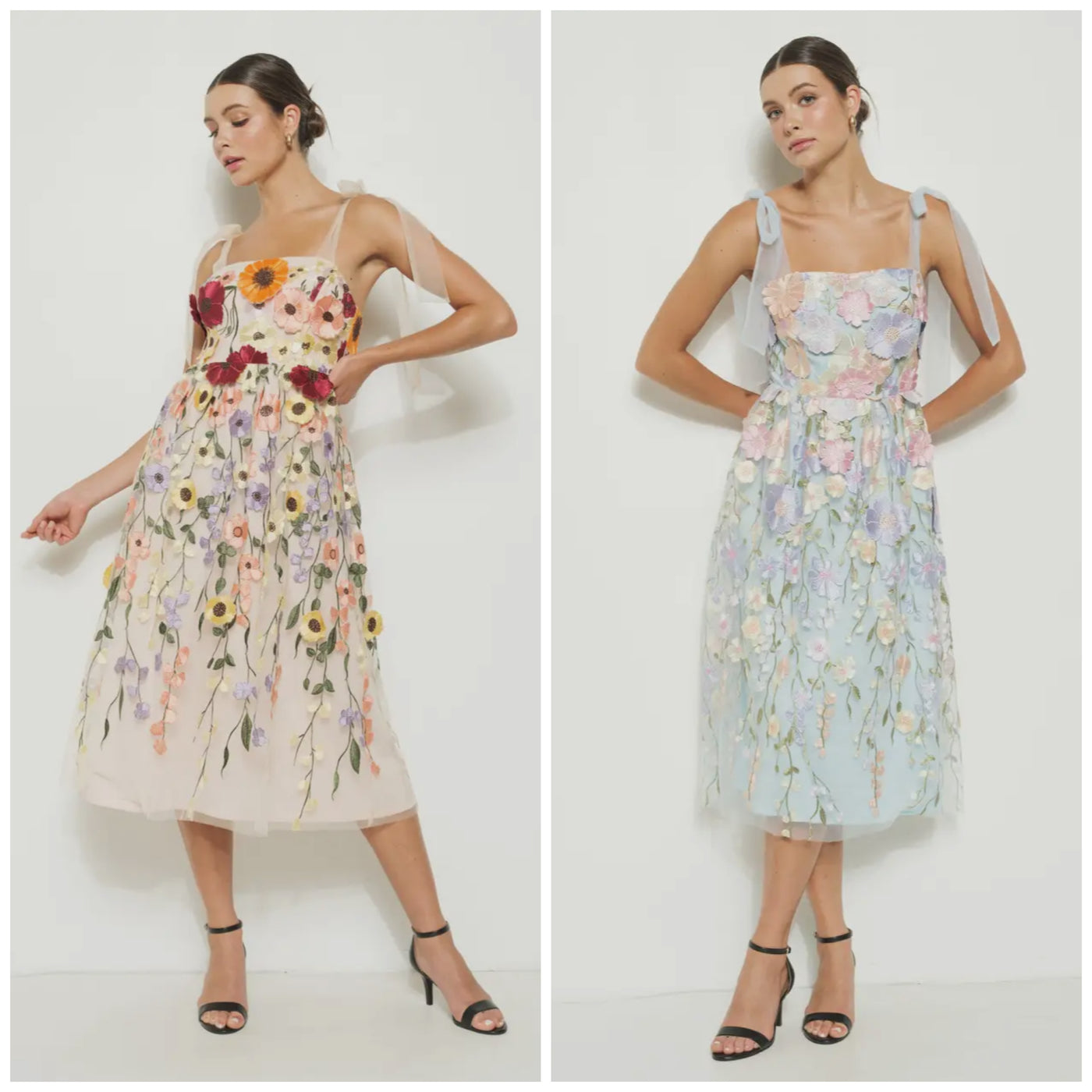 Floral Appliqué Tulle Midi Dress