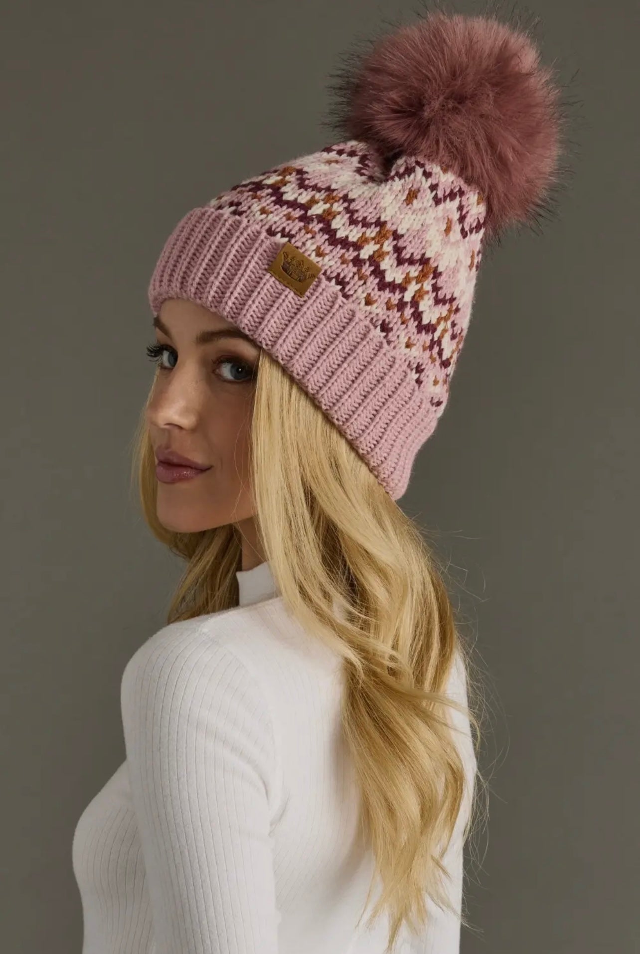 Pink, Ivory & Rust Patterned Pom Hat