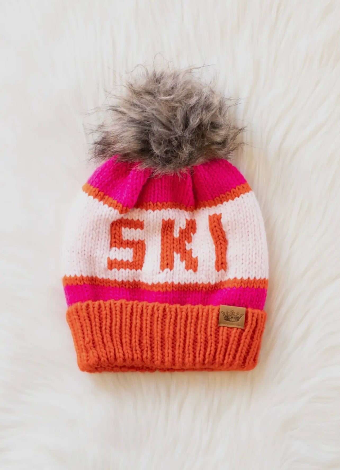 “SKI” Knit Hat with Faux Fur Pom