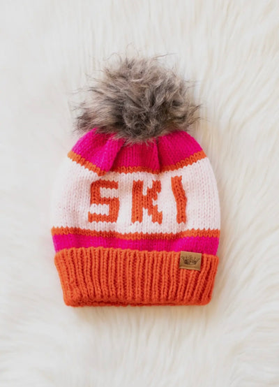 “SKI” Knit Hat with Faux Fur Pom