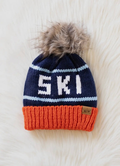 “SKI” Knit Hat with Faux Fur Pom