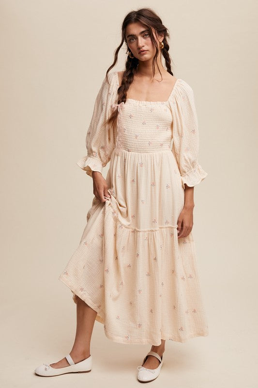 cream boho dress with sleeves Ditsy Floral Embroidery Puff Sleeve Maxi Smocked bodice provides a Size:US4 - Preorder Valentines Day Collection The Best Summer Dresses