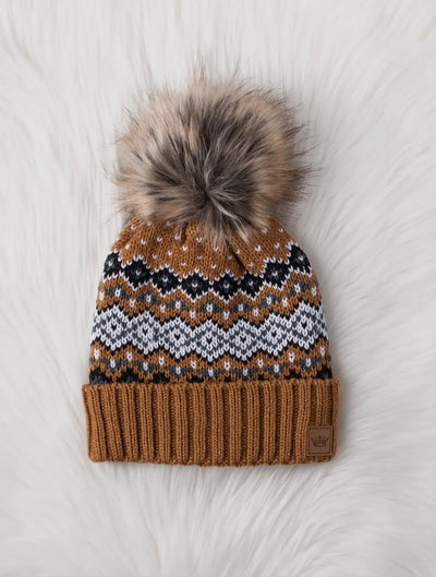 Camel Knit Hat with Faux Fur Pom