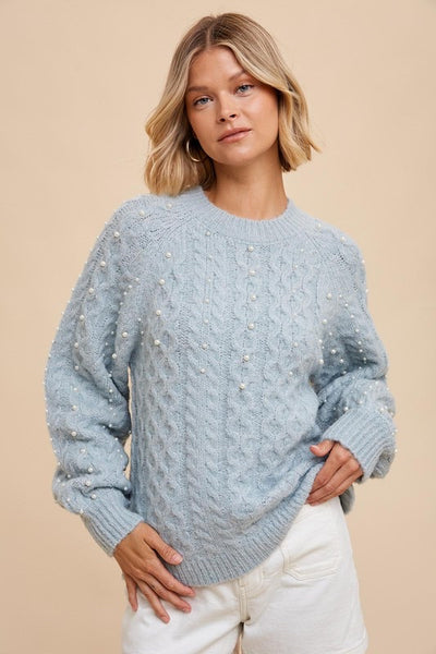 Pearl Detail Fuzzy Cable Knit Sweater